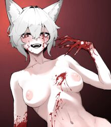Rule 34 | 1641 (chfhrtor94), 1girl, animal ear fluff, animal ears, blood, blood on face, breasts, commentary request, completely nude, fangs, fingernails, gradient background, grey hair, highres, inubashiri momiji, korean commentary, long fingernails, looking at viewer, medium breasts, medium hair, nipples, nude, red eyes, solo, touhou, upper body, wolf ears, wolf girl