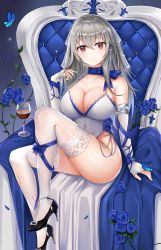 Rule 34 | 1girl, absurdres, ass, azur lane, black footwear, blue bow, blue butterfly, blue flower, blue ribbon, blue scarf, bow, breasts, bug, butterfly, cleavage, covered navel, cross, cross earrings, cup, dress, drinking glass, earrings, elbow gloves, evening gown, fingerless gloves, flower, gloves, grey hair, hair between eyes, hand in own hair, high heels, highres, insect, jewelry, kudakechiru kajou, large breasts, leg up, long dress, long hair, looking at viewer, mole, mole on body, mole under eye, red eyes, red wine, ribbon, saint-louis (azur lane), saint-louis (holy knight&#039;s resplendence) (azur lane), saint-louis (holy knight&#039;s resplendence) (azur lane), scarf, shiny skin, shoes, side slit, sitting, sleeveless, sleeveless dress, thighhighs, throne, white gloves, white thighhighs, wine glass