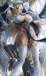 Rule 34 | 1girl, armpits, arms behind head, arms up, azur lane, black panties, blonde hair, breasts, church, cleavage, covered erect nipples, covered navel, cross, detached sleeves, feet out of frame, from below, gloves, gluteal fold, habit, hair between eyes, highleg, highleg panties, highres, horns, implacable (azur lane), indoors, jewelry, large breasts, lips, long hair, long sleeves, navel, nun, orca huang, panties, parted lips, pelvic curtain, red eyes, revealing clothes, rigging, see-through, standing, string panties, thighhighs, thighs, thong, underboob, underwear, veil, very long hair, white thighhighs, wide sleeves