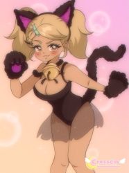 Rule 34 | 1990s (style), 1girl, :3, animal ears, animal hair ornament, animal hands, bell, black gloves, black leotard, blonde hair, blush, breasts, brown eyes, bubble background, cat ears, cat girl, cat tail, cleavage, collar, cresscin, fake animal ears, fish hair ornament, gloves, gyaru, gyaruko (vivinos), hair ornament, hairclip, highres, large breasts, leotard, long hair, looking at viewer, neck bell, orange background, paw gloves, pink background, pink bitch club, raised eyebrow, retro artstyle, see-through, see-through skirt, skirt, smile, sparkle, standing, tail, tan, twintails, two-tone background