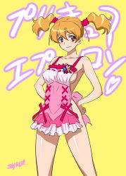 Rule 34 | 00s, 1girl, apron, breasts, brown hair, collarbone, cowboy shot, cure peach, fresh precure!, hands on own hips, joy ride, medium breasts, momozono love, naked apron, pink eyes, precure, short hair, short twintails, sideboob, signature, smile, solo, standing, translation request, twintails, yellow background