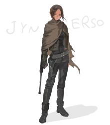 Rule 34 | 1girl, animification, belt, boots, brown hair, cape, capelet, character name, energy gun, fingerless gloves, gloves, holster, jacket, jyn erso, kawaguchi (mojacome), looking at viewer, pants, ray gun, rogue one: a star wars story, science fiction, solo, star wars, tonfa, torn clothes, weapon, white background