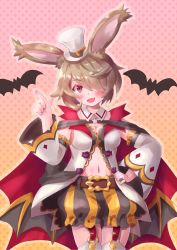 Rule 34 | 1girl, althemia, animal ears, bat (animal), belt, blonde hair, breasts, cocoasabure, dragalia lost, garter straps, halloween costume, hat, highres, looking at viewer, medium breasts, mini hat, mini top hat, navel, official alternate costume, open mouth, rabbit ears, red eyes, short hair, solo, top hat