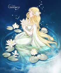 Rule 34 | 1girl, blonde hair, blue background, blue eyes, cape, character name, circlet, dress, flower, goldberry, green dress, hair flower, hair ornament, holding, holding flower, kazuki-mendou, tolkien&#039;s legendarium, lily (flower), lily pad, long dress, long hair, looking at viewer, looking to the side, on water, one-hour drawing challenge, signature, sitting, smile, solo, the lord of the rings, very long hair