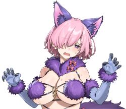 Rule 34 | 1girl, animal ears, aochoku, bare shoulders, blush, bow, breasts, cleavage, commentary, elbow gloves, fate/grand order, fate (series), fur-trimmed gloves, fur collar, fur trim, gloves, hair over one eye, large breasts, looking at viewer, mash kyrielight, mash kyrielight (dangerous beast), o-ring, open mouth, purple eyes, purple gloves, purple hair, revealing clothes, short hair, solo, sweatdrop, symbol-only commentary, tail, upper body, white background, wolf ears, wolf tail