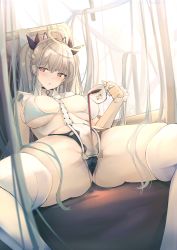 Rule 34 | 1girl, absurdres, animal ears, azur lane, bare shoulders, bindong, black panties, black ribbon, blush, breasts, breasts apart, cameltoe, cat ears, chinese commentary, cleft of venus, coffee, coffee cup, collarbone, commentary request, covered erect nipples, cup, curtains, day, disposable cup, dripping, earrings, eyelashes, fake animal ears, formidable (azur lane), gluteal fold, grey hair, hair between eyes, hair ribbon, hairband, half-closed eyes, hand up, highres, holding, holding cup, huge filesize, indoors, jewelry, large breasts, long hair, looking at viewer, lying, on back, panties, parted lips, red eyes, ribbon, ribbon-trimmed collar, ribbon trim, sidelocks, skindentation, smile, solo, spread legs, strap gap, stud earrings, thighhighs, thong, twintails, underboob, underwear, very long hair, white thighhighs, window, wrist cuffs, yusha m