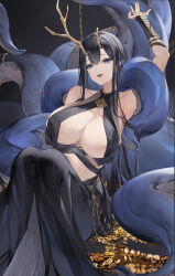 Rule 34 | 1girl, absurdres, azur lane, bandaged arm, bandages, bare shoulders, black dress, black hair, blue eyes, breast curtains, breasts, broken horn, center opening, chain, choker, cleavage, dress, flantia, golden hind (azur lane), highres, horns, huge breasts, jewelry, large breasts, mole, mole under mouth, necklace, tentacles, treasure