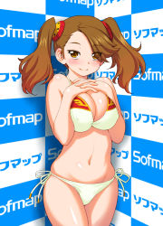 Rule 34 | 10s, 1girl, bare shoulders, belly, bikini, blush, breast suppress, breasts, brown eyes, brown hair, cleavage, covered erect nipples, cowboy shot, female focus, gundam, gundam build fighters, gundam build fighters try, hair over one eye, hands on own chest, kazuma muramasa, large breasts, long hair, looking at viewer, navel, own hands clasped, own hands together, sazaki kaoruko, shiny skin, side-tie bikini bottom, skindentation, smile, sofmap, sofmap background, solo, step and repeat, swimsuit, twintails