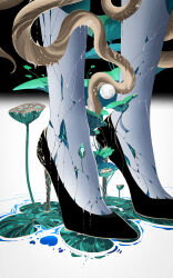 Rule 34 | 1other, black background, black footwear, cracked skin, dripping, feet, foot focus, footwear focus, gold, high heels, highres, houseki no kuni, ko ryou, lotus leaf, lotus pod, orb, other focus, out of frame, phosphophyllite, solo, standing, standing on liquid, stiletto heels, tentacles, two-tone background, white background