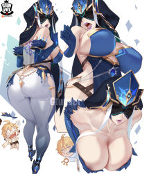 Rule 34 | 1boy, 1girl, aether (genshin impact), ass, bare shoulders, blue dress, blue gloves, blue headwear, blue lips, bodice, breast hold, breasts, butt crack, chibi, collarbone, detached collar, dress, elbow gloves, eye mask, genshin impact, gloves, gtunver, hat, highres, hip vent, large breasts, leaning forward, lips, lipstick, looking back, makeup, mirror maiden (genshin impact), multiple views, open mouth, pants, purple lips, sideboob, topless, white pants