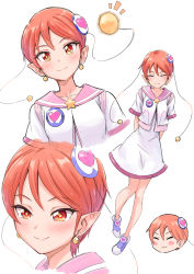 Rule 34 | 1girl, arms behind back, bun cover, character request, closed eyes, closed mouth, collarbone, collared shirt, cosplay, dress, earrings, facing viewer, highres, hoshina hikaru, hoshina hikaru (cosplay), itou shin&#039;ichi, jewelry, looking at viewer, orange eyes, orange hair, pink sailor collar, pointy ears, precure, sailor collar, sailor shirt, shirt, short dress, short hair, simple background, smile, star twinkle precure, white background, white dress, white shirt