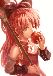 Rule 34 | 10s, 1girl, apple, bow, food, fruit, hair bow, lain, long hair, magical girl, mahou shoujo madoka magica, mahou shoujo madoka magica (anime), mahou shoujo madoka magica movie 1 &amp; 2, polearm, ponytail, red eyes, red hair, sakura kyoko, simple background, solo, soul gem, spear, weapon, white background