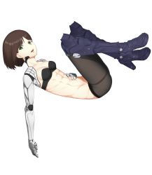 Rule 34 | 1girl, abs, bra, breasts, brown hair, full body, green eyes, groin, hand on own stomach, high heels, highres, looking at viewer, mecha musume, original, pantyhose, prosthesis, prosthetic arm, putcher, short hair, small breasts, solo, strapless, strapless bra, underwear, white background