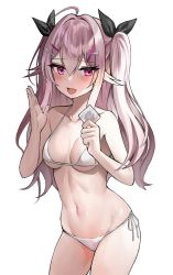 Rule 34 | 1girl, bare shoulders, bikini, black bow, blush, bow, breasts, collarbone, condom, hair bow, halterneck, hand up, hei d, highres, holding, holding condom, long hair, looking at viewer, navel, open mouth, original, pink hair, purple eyes, side-tie bikini bottom, small breasts, solo, standing, stomach, swimsuit, twintails, white background, white bikini