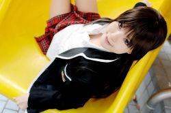 Rule 34 | 1girl, asian, blazer, blue eyes, brown hair, character request, color contacts, copyright request, cosplay, jacket, kipi-san, looking at viewer, mole, photo (medium), school uniform, solo