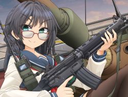 Rule 34 | 1girl, assault rifle, black hair, black thighhighs, blue sailor collar, blue skirt, braid, chain-link fence, closed mouth, commentary request, fence, glasses, gun, hair tie, highres, holding, holding gun, holding weapon, howa type 89, long hair, long sleeves, looking at viewer, looking over eyewear, mikeran (mikelan), military, military vehicle, miniskirt, motor vehicle, original, outdoors, radio, red-framed eyewear, rifle, sailor collar, school uniform, serafuku, shirt, side braid, skirt, sky, smile, solo, tank, thighhighs, trigger discipline, twilight, weapon, white shirt