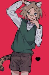 Rule 34 | 1boy, animal ears, arm up, bandaid, bandaid on face, bandaid on nose, blue eyes, brown shorts, cat ears, cat tail, cropped legs, fang, green eyes, green vest, hair ornament, hairclip, heart, heterochromia, isaac (adey), licking, licking finger, looking at viewer, male focus, medium hair, original, parted bangs, red background, shirt, shorts, solo, tail, ten (lu2948d), vest, white shirt