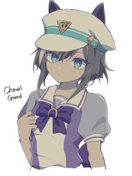 Rule 34 | 1girl, animal ears, aqua eyes, bow, bowtie, bright pupils, character name, cheval grand (umamusume), cropped torso, ears through headwear, hand up, hat, highres, horse ears, horse girl, purple shirt, rjsn, sailor collar, shirt, short sleeves, simple background, solo, umamusume, upper body, white background, white pupils
