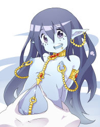 Rule 34 | 1girl, :d, alternate breast size, armband, armlet, blue eyes, blue hair, blue skin, breasts, choker, collarbone, colored skin, earrings, genie, jewelry, long hair, magi the labyrinth of magic, matching hair/eyes, mochi hanpen, navel, navel piercing, necklace, nipple piercing, nipples, nude, open mouth, paimon (magi), piercing, pointy ears, purple eyes, small breasts, smile, solo, teeth, upper teeth only