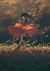 Rule 34 | 1girl, autumn leaves, black hair, dress, closed eyes, female focus, from side, highres, falling leaves, long hair, noise, original, outdoors, potg (piotegu), red dress, shoes, signature, solo, standing, standing on one leg, wind, wind lift