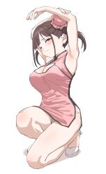 Rule 34 | 1girl, ;3, arm up, armpits, blush, breasts, china dress, chinese clothes, cleavage, cleavage cutout, closed mouth, clothing cutout, commentary request, dress, hair bun, highres, idolmaster, idolmaster shiny colors, kneeling, large breasts, looking at viewer, one eye closed, panties, pink dress, red eyes, shoes, short twintails, simple background, sleeveless, sleeveless dress, smile, sonoda chiyoko, thighs, twintails, underwear, white background, white footwear, white panties