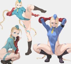 Rule 34 | 1girl, ahoge, arm behind head, backless leotard, black footwear, blonde hair, blue eyes, blue hat, blue leotard, boots, braid, breasts, cammy white, facial scar, fingerless gloves, from side, full body, furrowed brow, gloves, hat, highleg, highleg leotard, highres, leotard, long hair, looking at viewer, medium breasts, multiple views, narrowed eyes, necktie, official alternate costume, official alternate hairstyle, red gloves, ribbed leotard, scar, scar on cheek, scar on face, simple background, sitting, solo, solo focus, squatting, street fighter, twin braids, very long hair, white background, yd (orange maru), yellow necktie