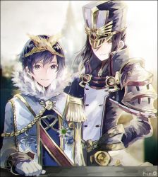 Rule 34 | 1boy, 1girl, armor, blue eyes, cousins, gloves, hat, jacket, looking at viewer, military, military hat, military uniform, morag ladair (xenoblade), niall ardanach, nintendo, okii, pauldrons, reverse trap, short hair, shoulder armor, simple background, smile, uniform, xenoblade chronicles (series), xenoblade chronicles 2