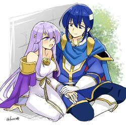 Rule 34 | 1boy, 1girl, bare shoulders, blue cape, blue eyes, blue hair, breasts, brother and sister, cape, circlet, dress, fire emblem, fire emblem: genealogy of the holy war, headband, holding, holding hands, jewelry, julia (fire emblem), long hair, looking at another, medium breasts, nintendo, open mouth, purple cape, purple eyes, purple hair, seliph (fire emblem), siblings, sitting, smile, white headband, wide sleeves, yukia (firstaid0)