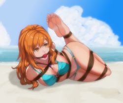 Rule 34 | 1girl, arched back, ass, ball gag, barefoot, bdsm, beach, bikini, bondage, bra, breasts, cleavage, cloud, cloudy sky, curvy, earrings, feet, from side, gag, grass, hair ornament, highres, large breasts, long hair, lying, mountain, nami (one piece), ocean, one piece, orange eyes, orange hair, outdoors, sky, soles, solo, swimsuit, thick thighs, thighs, toes, underwear, wide hips