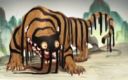 Rule 34 | animal focus, blood, blood on face, claws, commentary, constricted pupils, crazy eyes, dream tiger (govy9807), from side, full body, grey sky, highres, lmhaoo, monster, no humans, no lineart, open mouth, original, outdoors, sky, solo, symbol-only commentary, tiger, tusks, yellow eyes