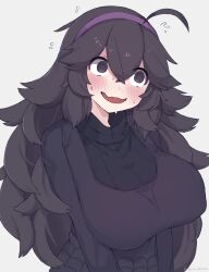Rule 34 | 1girl, @ @, absurdres, ahoge, alternate breast size, black hair, blush, breasts, commentary request, creatures (company), crossed bangs, dress, flying sweatdrops, game freak, hair between eyes, hairband, hex maniac (pokemon), highres, large breasts, long dress, long hair, messy hair, nintendo, open mouth, pokemon, pokemon xy, purple eyes, purple hairband, simple background, solo, umitsuki (kurage no shokushu), very long hair, white background
