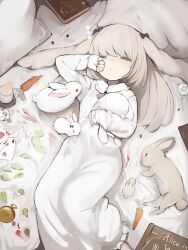 Rule 34 | 1girl, animal ears, blonde hair, book, candle, card, carrot, commentary, dress, floppy ears, highres, long dress, long hair, long sleeves, one eye closed, orange eyes, original, playing card, rabbit, rabbit ears, rabbit girl, shirokujira, solo, squeans, symbol-only commentary, white dress