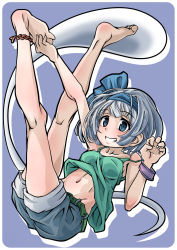 Rule 34 | 1girl, bare legs, barefoot, belt, blue eyes, blush, bob cut, casual, claw pose, commentary request, feet, foot grab, full body, hairband, highres, kneepits, konpaku youmu, konpaku youmu (ghost), legs up, looking at viewer, midriff, navel, pegashi, short hair, shorts, silver hair, simple background, smile, solo, spaghetti strap, stretching, teeth, toes, touhou, wristband