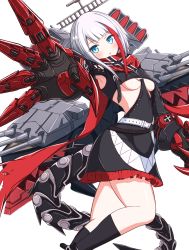 Rule 34 | 1girl, absurdres, admiral graf spee (azur lane), artillery, azur lane, belt, black dress, blue eyes, breasts, degawa1121, dress, feet out of frame, highres, mechanical arms, mechanical tail, medium hair, multicolored hair, o-ring, outstretched arm, red hair, red scarf, rigging, scarf, short dress, simple background, small breasts, solo, streaked hair, tail, torpedo launcher, torpedo tubes, turret, two-tone hair, underboob, white background, white belt, white hair