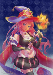 Rule 34 | 1girl, black light, blue eyes, breasts, hat, hexagram, long hair, looking at viewer, magic, navel, original, pink hair, smile, solo, star of david, witch, witch hat