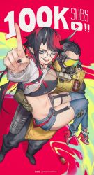 Rule 34 | 1boy, 1girl, absurdres, apex legends, arm around neck, arm strap, belt, bikini, bikini top only, black-framed eyewear, black footwear, black hair, black nails, black pants, blue eyes, blue pants, blue shorts, boots, breasts, carrying, caustic (apex legends), commentary, demon girl, demon horns, detached pants, dutch angle, english commentary, fishnet top, fishnets, full body, glasses, goggles, high heel sneakers, highres, horns, index finger raised, jacket, jewelry, large breasts, long hair, looking at viewer, loose belt, midriff, milestone celebration, multicolored hair, nail polish, nanashi inc., navel, navel piercing, necklace, official alternate costume, open fly, open mouth, pants, piercing, pointy ears, princess carry, rebreather, red belt, red hair, rhine (overtonerhine), round eyewear, russian text, ryugasaki rene, ryugasaki rene (2nd costume), short shorts, shorts, shrug (clothing), single sleeve, smile, smoke grenade, striped clothes, striped jacket, sugar lyric, suspenders, swimsuit, two-tone hair, underboob, virtual youtuber, white jacket