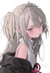 Rule 34 | 1girl, absurdres, bare shoulders, black jacket, breasts, brooch, earrings, freng, frills, grey hair, head tilt, highres, huge filesize, jacket, jewelry, long hair, looking at viewer, looking to the side, off shoulder, original, pointy ears, red eyes, shirt, sidelocks, simple background, sleeveless, sleeveless shirt, small breasts, smile, solo, tiara, two side up, upper body, white background, white shirt