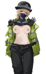 Rule 34 | 1girl, absurdres, against fourth wall, black gloves, black shirt, blonde hair, blue eyes, breast press, clothes lift, cuffs, earpiece, female service cap, gloves, handcuffs, hat, highres, jacket, lifted by self, mask, medium hair, mouth mask, nipples, original, pants, police, police badge, police hat, police uniform, policewoman, sawkm, shirt, shirt lift, solo, uniform, walkie-talkie, yellow jacket