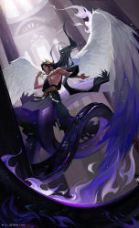 Rule 34 | 1boy, absurdres, angel, angel wings, animal skull, azik eggers, bare arms, black hair, black tunic, dark skin, highres, holding, holding skull, indoors, jewelry, lamia boy, lanmeijiu, long hair, looking down, lord of the mysteries, monster boy, nail polish, necklace, open arms, pectorals, pillar, scales, skull, snake boy, snake tail, solo, tail, tiara, window, wings, yellow eyes