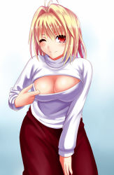 Rule 34 | 00s, 1girl, ;), antenna hair, arcueid brunestud, blonde hair, blush, breasts, cleavage, cleavage cutout, cleavage reach, clothes pull, clothing cutout, egnis, female focus, hair intakes, hand on leg, hand on own leg, hand on own thigh, hand on thigh, highres, large breasts, leaning forward, long skirt, meme attire, one eye closed, open-chest sweater, pulling own clothes, purple skirt, red eyes, ribbed sweater, short hair, skirt, smile, solo, sweater, teasing, tsukihime, turtleneck