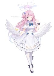 Rule 34 | 1girl, absurdres, angel wings, black footwear, black scrunchie, blue archive, blush, capelet, closed mouth, crescent, crescent pin, dress, feathered wings, frilled dress, frills, hair bun, halo, highres, long hair, mika (blue archive), one eye closed, pantyhose, pink hair, pink halo, scrunchie, shoes, shrimp cake, simple background, single side bun, smile, solo, twitter username, white background, white capelet, white dress, white pantyhose, white wings, wings, wrist scrunchie, yellow eyes