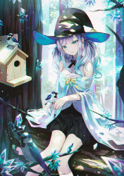 Rule 34 | 1girl, absurdres, animal, animal on hand, bird, bird on hand, birdhouse, black hat, black skirt, branch, breasts, collared shirt, commentary request, copyright request, crystal, day, dress shirt, feet out of frame, green eyes, grey hair, hat, highres, hyonee, in tree, knees together feet apart, long hair, looking at viewer, medium breasts, off shoulder, outdoors, parted lips, pleated skirt, see-through, shirt, sitting, skirt, sleeveless, sleeveless shirt, solo, tree, white shirt, witch hat