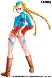 Rule 34 | 1990s (style), 1girl, ass, ass grab, back, boots, braid, cammy white, capcom, facial mark, female focus, full body, kneepits, legs, long hair, looking at viewer, looking back, retro artstyle, scar, simple background, solo, standing, street fighter, tony taka, twin braids, watermark, white background