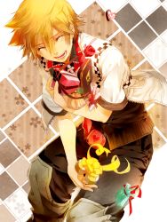 Rule 34 | 1boy, blonde hair, blush, box, checkered clothes, checkered jacket, closed eyes, eyes visible through hair, floral background, g.g.lemon, gift, gift box, hair between eyes, happy, heart, highres, holding, holding gift, jacket, kingdom hearts, light blush, male focus, open clothes, open jacket, open mouth, patterned, patterned background, roxas, smile, solo, teeth, white jacket, zipper