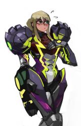 Rule 34 | 1girl, 33dot, absurdres, arm cannon, armor, blush, flying sweatdrops, gravity suit (metroid), green eyes, hand on own chest, highres, looking to the side, metroid, metroid dread, nintendo, ponytail, power armor, power suit, samus aran, simple background, standing, weapon, white background