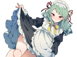 Rule 34 | 1girl, apron, aqua hair, black dress, blush, bow, bowtie, closed mouth, doll joints, dress, hair ribbon, highres, ikeuchi tanuma, joints, long hair, long sleeves, maid, maid headdress, original, pointy ears, red eyes, ribbon, simple background, skirt hold, solo, sweat, twitter username, white apron, white background, yellow bow, yellow bowtie