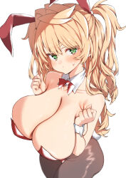 Rule 34 | 1girl, :t, animal ears, black pantyhose, blonde hair, blush, bow, bowtie, breasts, closed mouth, cowboy shot, detached collar, detached sleeves, fake animal ears, green eyes, highres, huge breasts, kz oji, leotard, long hair, looking at viewer, original, pantyhose, playboy bunny, pout, rabbit ears, rabbit tail, red bow, red bowtie, red leotard, simple background, solo, sweatdrop, tail, thick eyebrows, white background