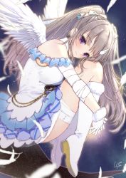 Rule 34 | 1girl, 1ns217, angel wings, bandages, bandaid, bare shoulders, blush, boots, closed mouth, dress, feathers, highres, idolmaster, idolmaster shiny colors, knee boots, long hair, looking at viewer, purple eyes, sidelocks, silver hair, smile, solo, twintails, white dress, white feathers, wings, yukoku kiriko