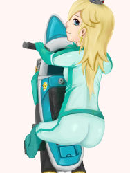Rule 34 | 1girl, aqua eyes, artist request, ass, backboob, biker clothes, bikesuit, blonde hair, blush, bodysuit, boots, breasts, crown, from above, from behind, hair over one eye, highres, long hair, looking back, mario (series), mario kart, motor vehicle, motorcycle, nintendo, rosalina, shiny clothes, smile, solo, super mario bros. 1, super mario galaxy