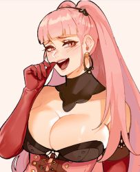 Rule 34 | 1girl, bare shoulders, black choker, blunt bangs, blush, breasts, choker, cleavage, collarbone, detached sleeves, earrings, elbow gloves, fire emblem, fire emblem: three houses, gloves, hilda valentine goneril, jewelry, large breasts, laughing, long hair, long sleeves, looking at viewer, nintendo, nyantcha, open mouth, pink eyes, pink hair, smile, solo, twintails